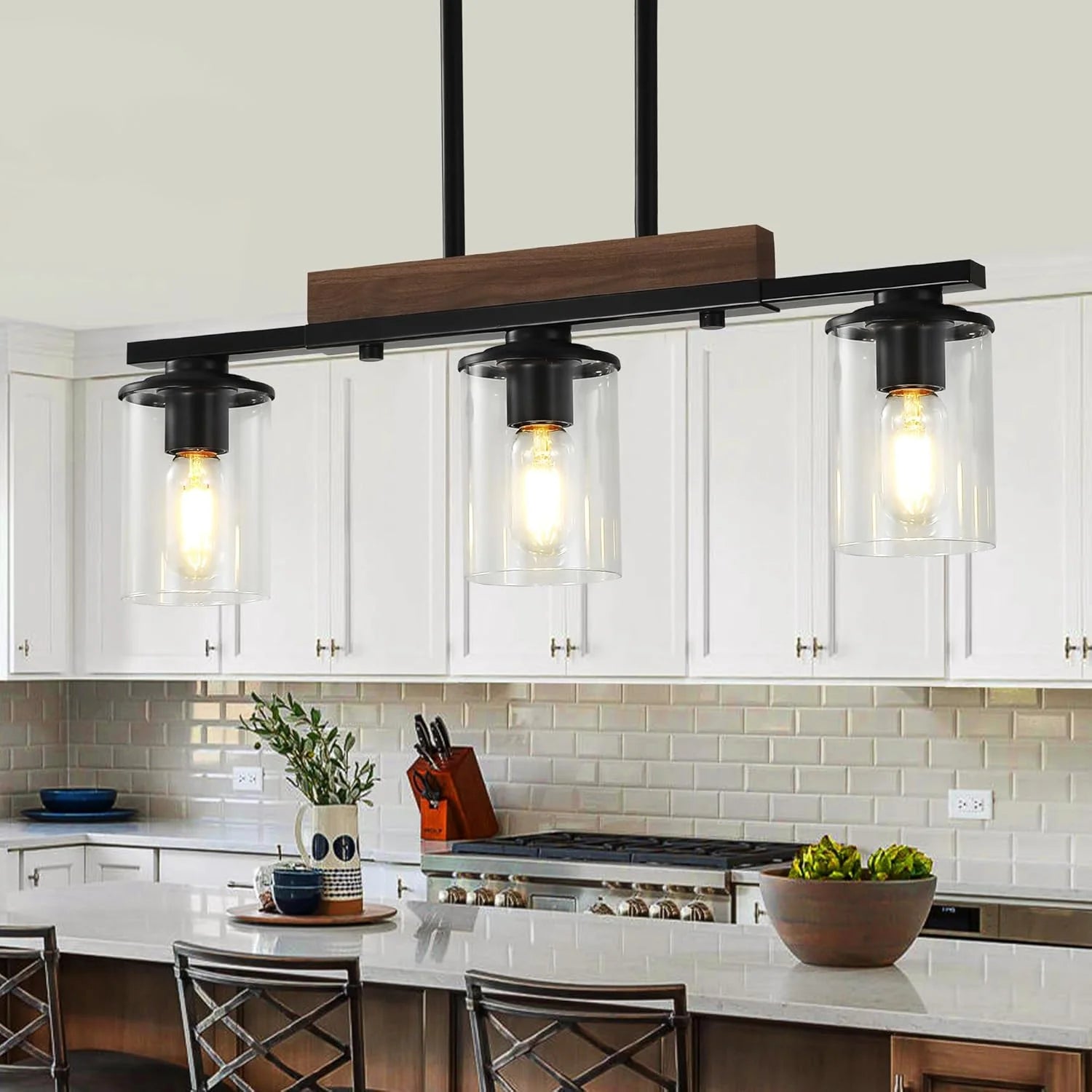 Discount Kitchen Lighting, Black Modern Rustic Wood Ceiling Pendant Light Fixtures - Image 4
