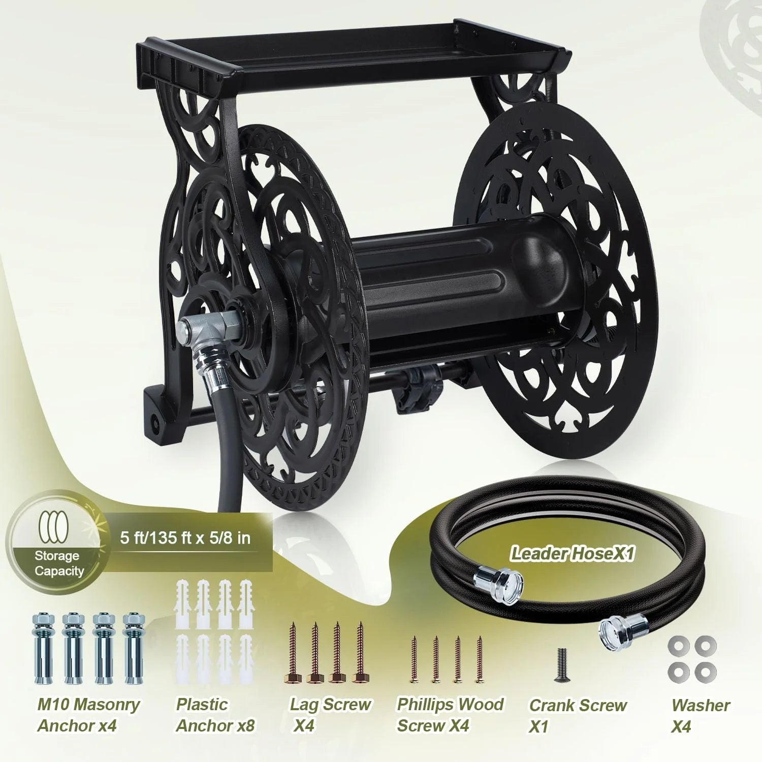 Discount Wall Mount Garden Hose Reel for Outside, Holds 125 ft x 5/8" Hose Storage, Decorative Heavy Duty Water Hose - Image 6