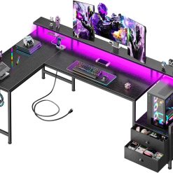 Alternative view of Discount 66” L Shaped Gaming Desk with Drawers and Storage Shelves, Reversible Corner Desk with Power Outlets and Host