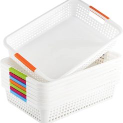 Discount Large Plastic Storage Basket with Handle, 15 x 10 x 3 Inch Pantry Organizer Basket Bins Desktop Paper