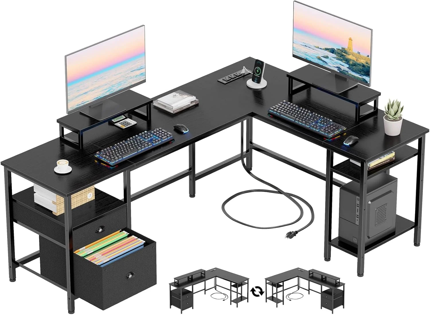 Discount Furologee 66" L Shaped Desk with Power Outlet, Reversible Home Office Desk with File Drawer, 2 Monitor Stands - Image 3