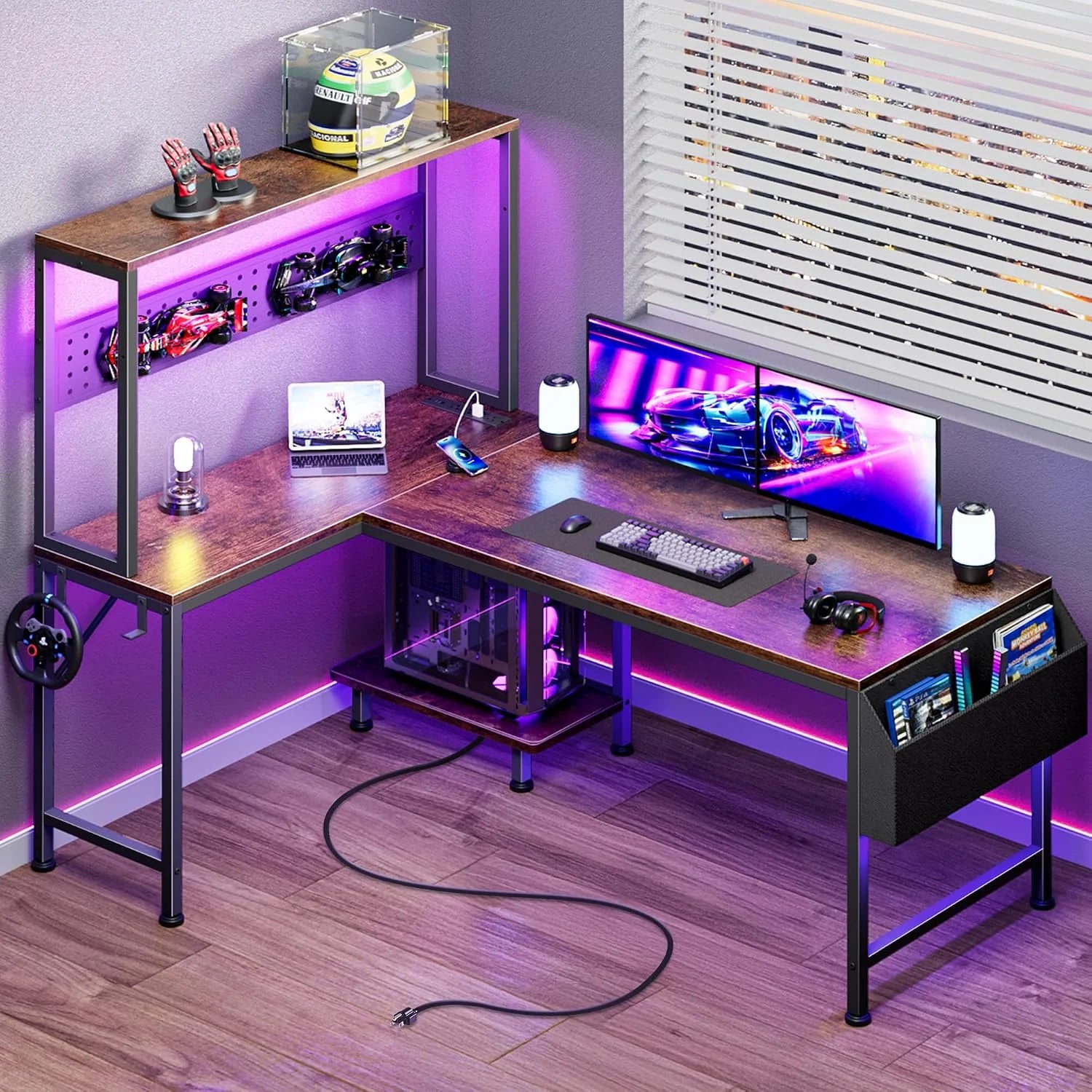 Discount L Shaped Gaming Desk with LED Lights & Power Outlets, Reversible Computer Desk with Storage Shelves & Bag - Image 4
