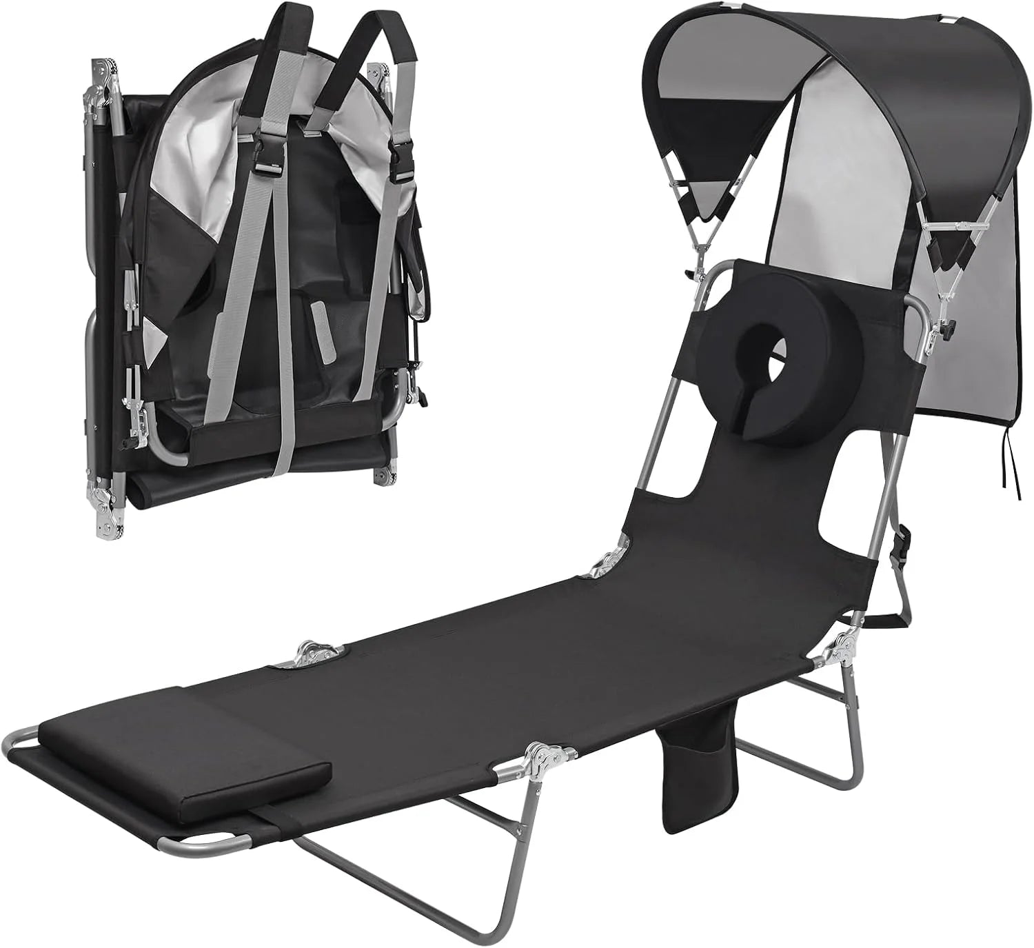 Lumi Discount Beach Tanning Lounge Chair with Canopy Shade Face Hole Padded Adjustable Washable, 6 Position Layout Chair