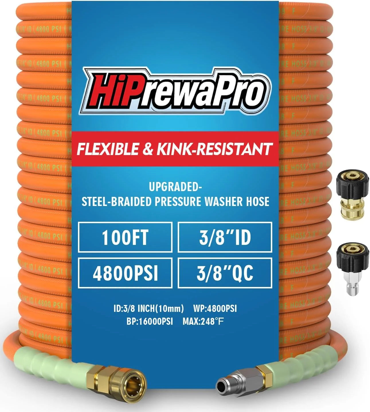Lumi Discount 3/8 ID Pressure Washer Hose 50 ft, 4800 PSI Steel-Braided & Durable, Power Washer Hose with Swivel Quick - Image 9