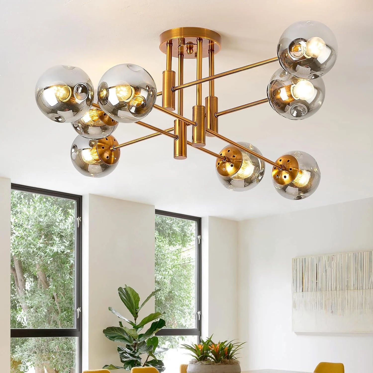 Discount 6-Light Glass Globe Sputnik Chandelier Modern Matte Black and Gold Ceiling Light Fixture Vintage Hanging - Image 4