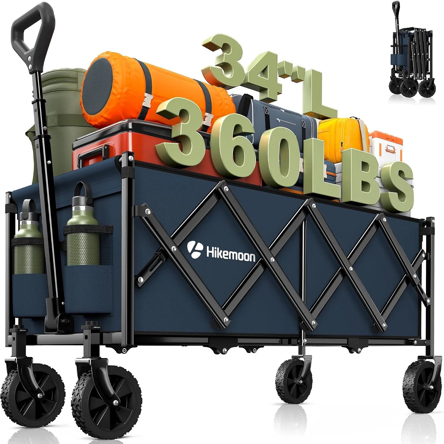 Discount 34” Extra Long Folding Portable Wagon Cart, 120L 360LBS Black - Image 2