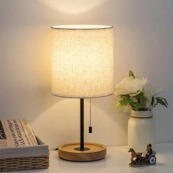 Discount Bedside Table Lamp, Modern Nightstand Lamp with Linen Fabric Shade Wooden Desk Lamps for Bedrooms