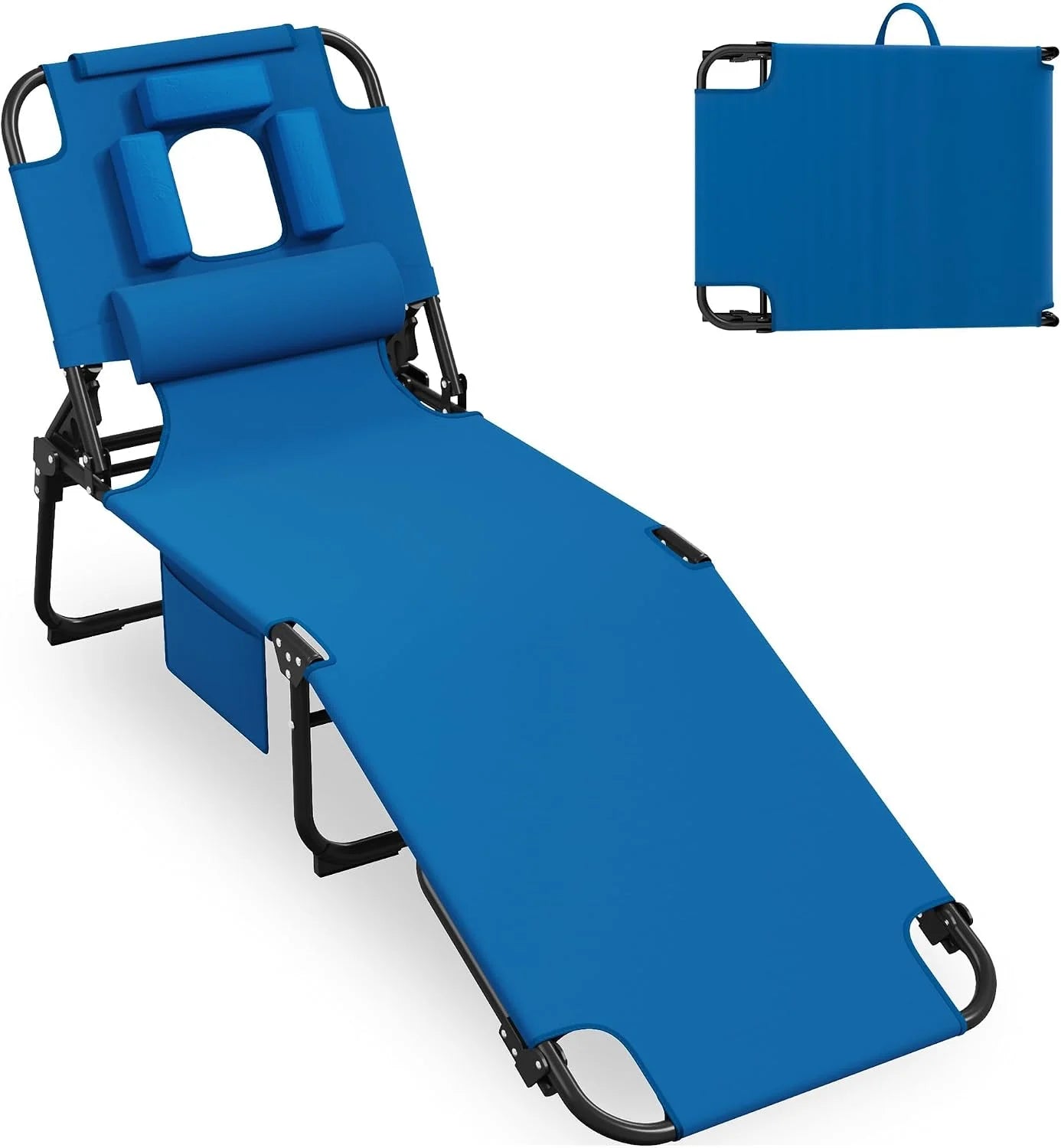 Discount 400lbs Tanning Chair with Face Hole, 5-Position Folding Chaise Lounge Chair with Side Pockets